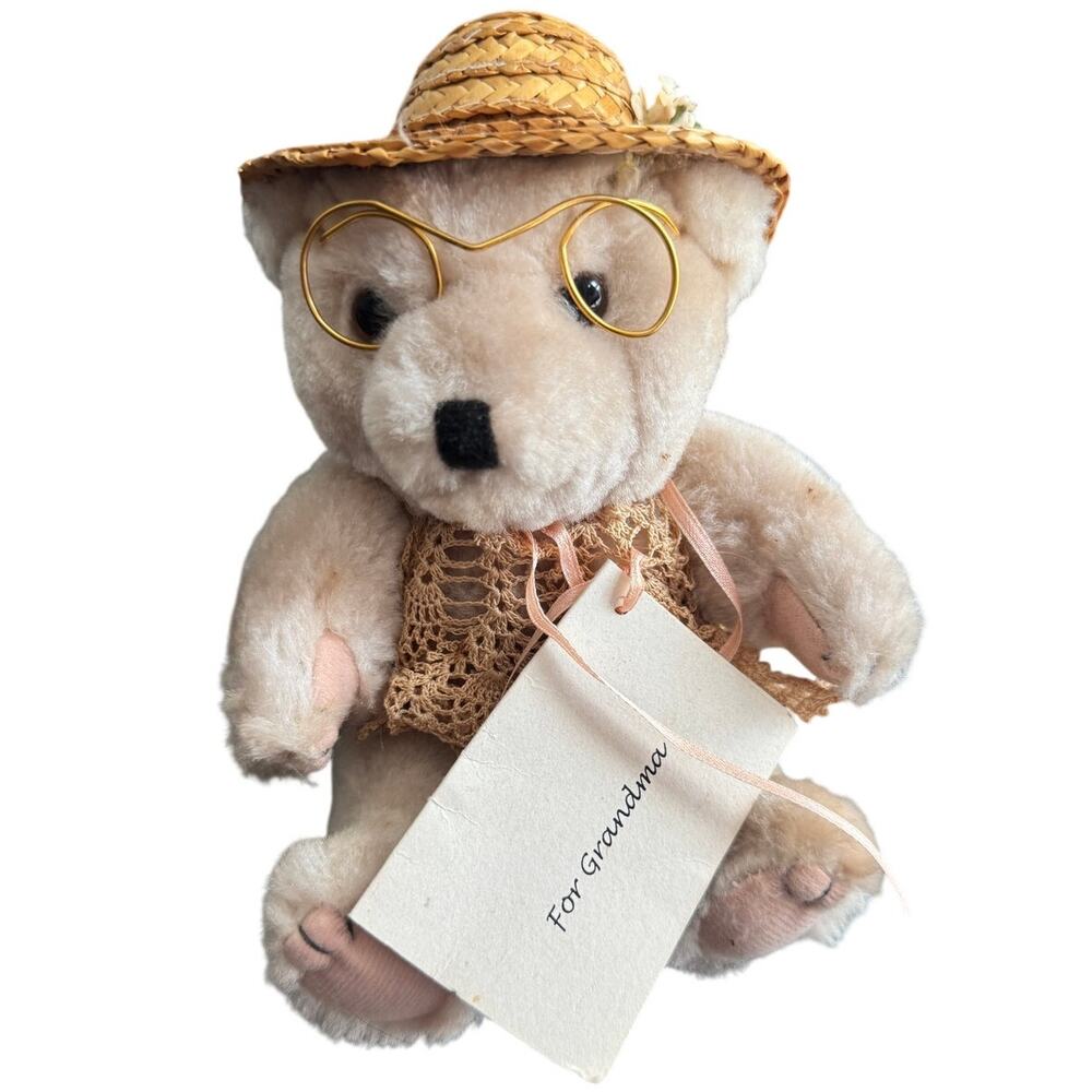 For Grandma 1993 Prairie Pieceworks Teddy Bear Plush‎ With Gold Glasses Hat